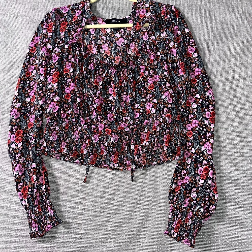 Forever 21 Crop Top Womens 0X Multicolor Floral Smocked Balloon‎ Sleeve Tie Neck